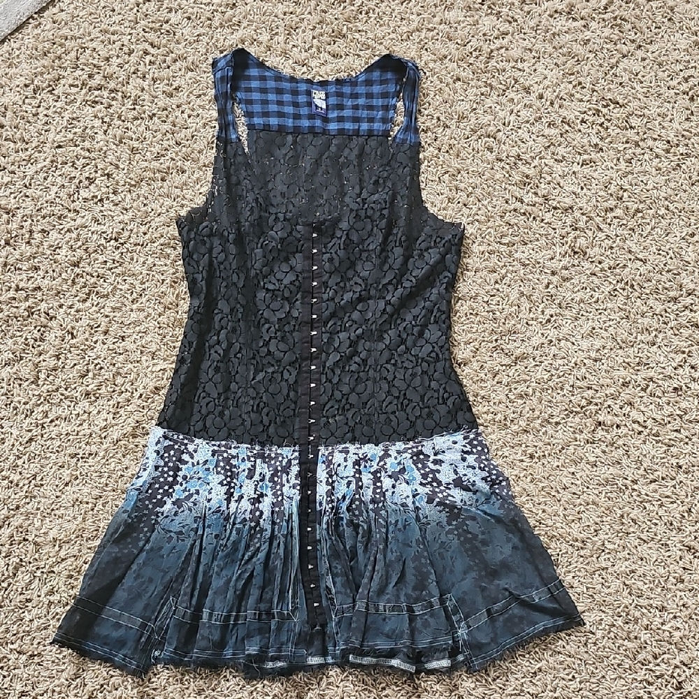 Free People Dress Blue and Black Checkered Lace Dress 6 Mixed Media